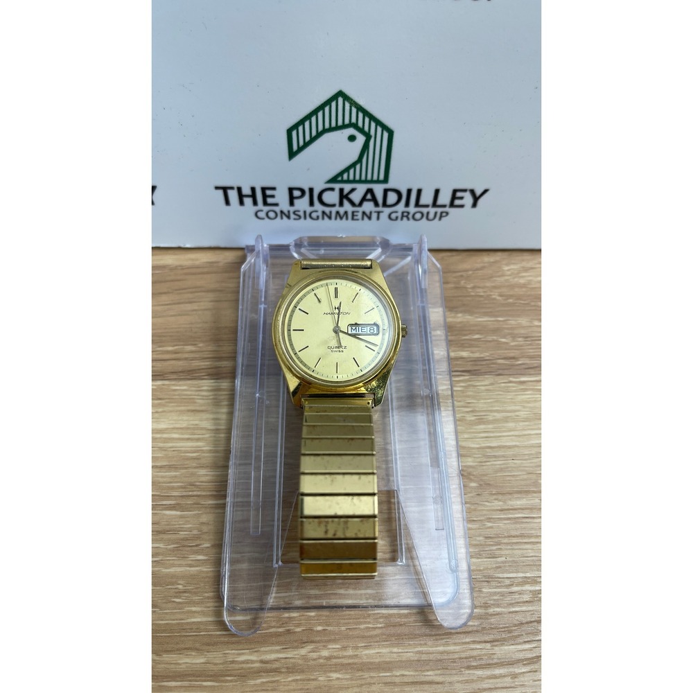 Hamilton 9956 Vintage Gold Tone Swiss Quartz Day Date Watch Expansion Band